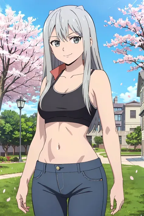(extremely detailed CG unity 8k wallpaper), (masterpiece), (best quality), (ultra-detailed), (best illustration), (best shadow), (absurdres), ((perfect female body, perfect waist)), 1girl, solo,<lora:Liza-12:0.6> ,Liza, 1girl, solo, long hair, sports bra, jeans, looking at viewer, grey hair, grey eyes, outdoors, tree, cherry blossoms, closed mouth, sky, smile, upper body