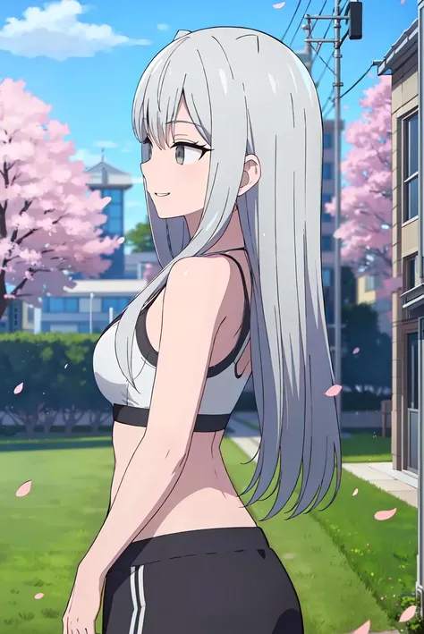 (extremely detailed CG unity 8k wallpaper), (masterpiece), (best quality), (ultra-detailed), (best illustration), (best shadow), (absurdres), ((perfect female body, perfect waist)), 1girl, solo,<lora:Liza-12:0.6> ,Liza, 1girl, solo, long hair, sports bra, gym shorts, looking to the side, grey hair, grey eyes, outdoors, tree, cherry blossoms, closed mouth, sky, smile, upper body