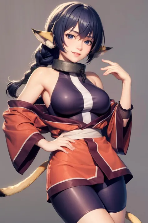 masterpiece, best quality, <lora:karura:1>,1girl,large breasts,smile,karura,metal collar,animal ears, tail,braid,blue hair,blue eyes,long hair,bike shorts,grey background,