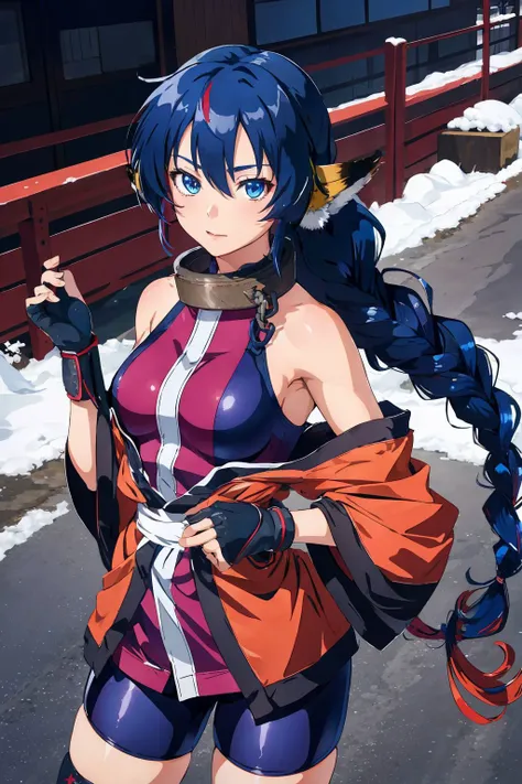 karura,1girl,large breasts,gloves,metal collar,animal ears, tail,braid,blue hair,blue eyes,long hair,bike shorts, <lora:karura:0.8>,, (masterpiece, best quality, high quality, highres, ultra-detailed),