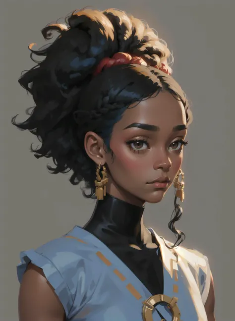 Upper body. Twenty-five year old beautiful ebony woman. Dark skin, ebony skin, she wears hair buns ponBlack eyes.