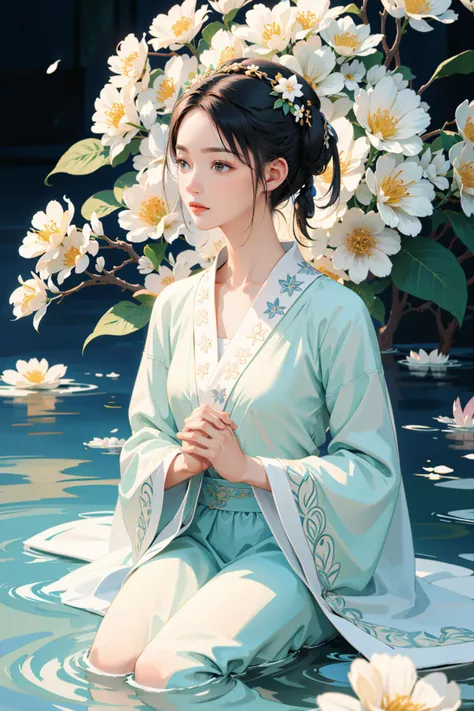 ((4k,masterpiece,best quality)), shuimobysim, traditional chinese ink painting, lotus, hanfu, maxiskit, dress conservatively 1girl, solo, long blue hair, smile, standing, feet in the water, barefoot,