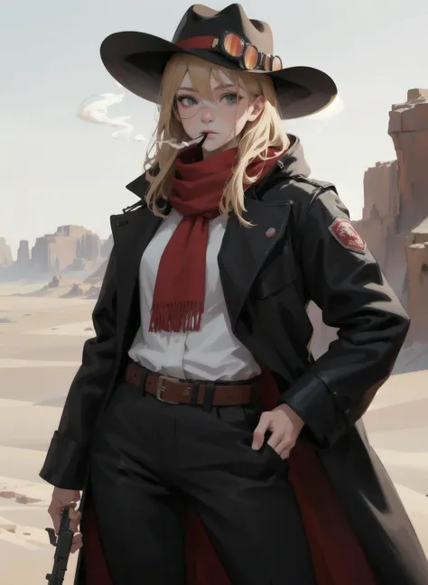 1girl, solo, absurdres, black pants,(black_coat:1.1), detailed_face,best_quality, masterpiece, blonde, western, cowboy, gun_slinger, desert, goggles, cowboy_hat, red bandana, smoking,