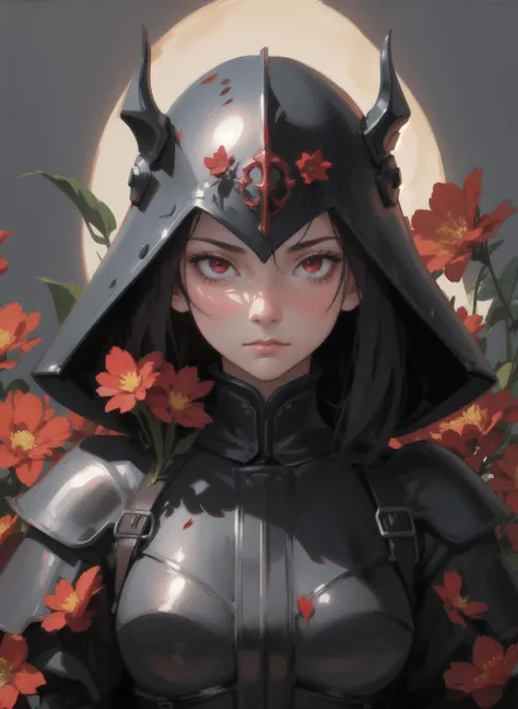 best quality, masterpiece, high definition, high resolution, 1girl, detailed face, extremely detailed, dark_knight, armor, helmet, simple background, (masterpiece), (best quality:1.2), detailed face, detailed eyes, serious look, suspenders, gloves, crusader, 1500s, victorian, glowing red eyes, fantasy, dark, grim, blood, slash, dim, cinematic, (flowers in a battlefield:1.2), warriors, war, battle
