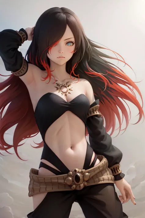 (masterpiece, best quality:1.2), <lyco:gravitydaze_crow-10:1.0>, cowboy shot, solo, 1girl, gdcrow, expressionless, closed mouth, looking at viewer, hand in own hair, hair over one eye, clothing cutout, navel cutout, detached sleeves, hip vent, belt, bare shoulders, midriff