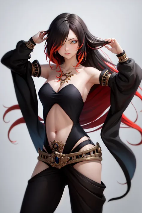 (masterpiece, best quality:1.2), <lyco:gravitydaze_crow-10:1.0>, cowboy shot, solo, 1girl, gdcrow, expressionless, closed mouth, looking at viewer, hand in own hair, hair over one eye, clothing cutout, navel cutout, detached sleeves, hip vent, belt, bare shoulders, midriff