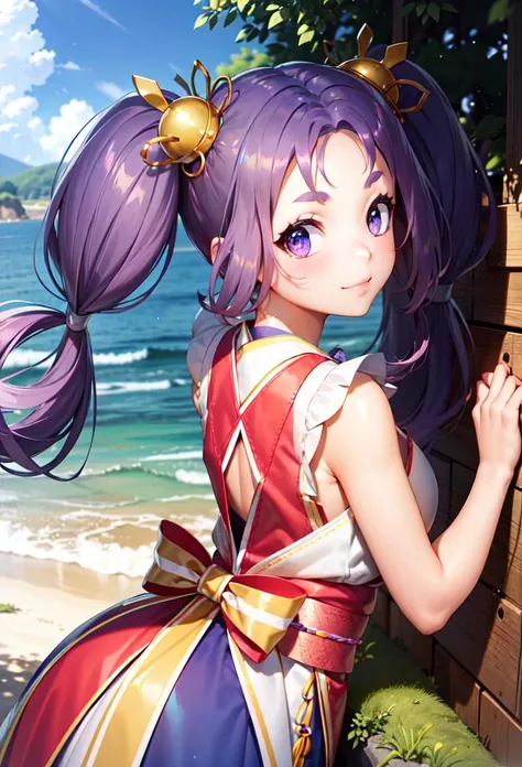 from behind, standing
(masterpiece, best quality), 1girl, solo, iroha, purple hair, purple eyes, twintails, sun hair ornament, default_dress, sleeveless <lyco:irohaPopNMusic:1.0>