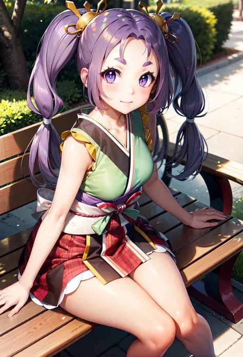 bench, park, trees
sitting, from side, looking at viewer
(masterpiece, best quality), 1girl, solo, iroha, purple hair, purple eyes, twintails, sun hair ornament, default_dress, bow, sleeveless <lyco:irohaPopNMusic:1.0>