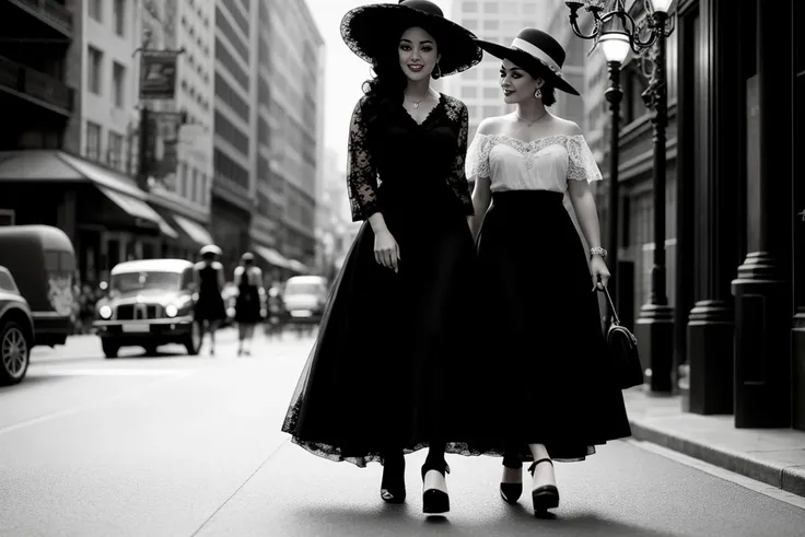 photo, hazy, realistic,accessories, ((curls)), looking at another, realistic, oldstyle_v1, aged up, smile, long hair, best quality, black lace hat, high hat, skirt, old style, full body, (Modern Times), multiple girls, walking on the path, crutch, friends, greyscale,