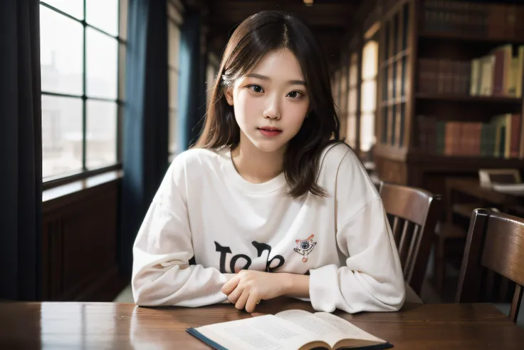 masterpiece,realistic,photographic,raw,bright light,
beautiful face,beautiful eyes,1girl,upper body,
library,shirt,
sitting,arm on table,
looking at viewer,