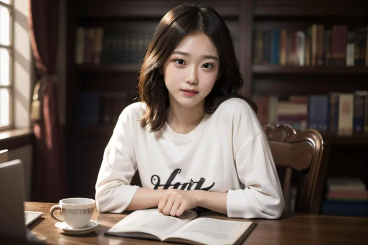 masterpiece,realistic,photographic,raw,bright light,
beautiful face,beautiful eyes,1girl,upper body,
library,shirt,
sitting,arm on table,
looking at viewer,