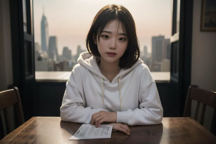 masterpiece,realistic,photographic,raw,bright light,
beautiful face,beautiful eyes,1girl,upper body,
sitting,arm on table,
moon,galaxy,cityscape,hoodie,
looking at viewer,