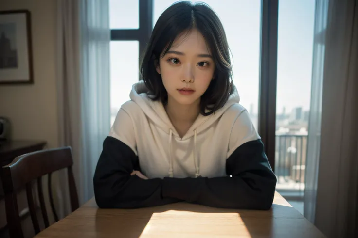 masterpiece,realistic,photographic,raw,bright light,
beautiful face,beautiful eyes,1girl,upper body,
sitting,arm on table,
moon,galaxy,cityscape,hoodie,
looking at viewer,