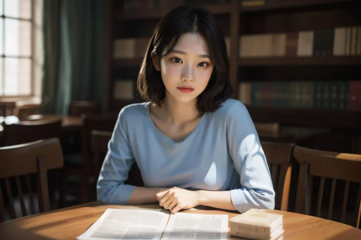 masterpiece,realistic,photographic,raw,bright light,
beautiful face,beautiful eyes,1girl,upper body,
library,shirt,
sitting,arm on table,
looking at viewer,