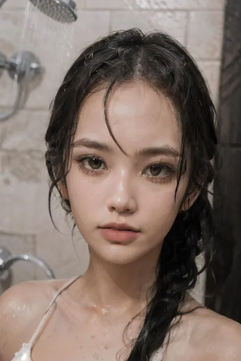 best quality,masterpiece,photorealistic,realistic,
beautiful face,bright eyes,
1girl,standing,soft light,girl in the bathtub,showering,
<lora:zovyaWetHairLORA64_V1:0.8>,