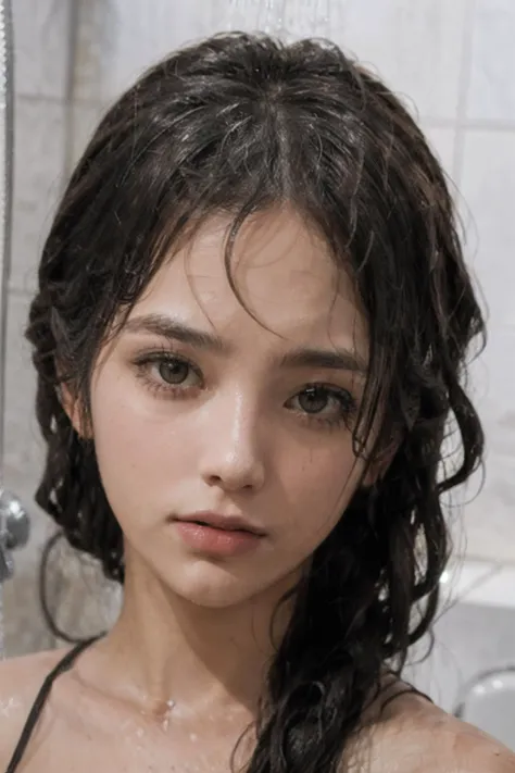 best quality,masterpiece,photorealistic,realistic,
beautiful face,bright eyes,
1girl,standing,soft light,girl in the bathtub,showering,
<lora:zovyaWetHairLORA64_V1:0.8>,