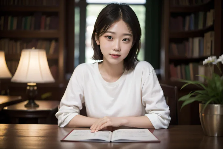 masterpiece,realistic,photographic,raw,bright light,
beautiful face,beautiful eyes,1girl,upper body,
library,shirt,
sitting,arm on table,
looking at viewer,
