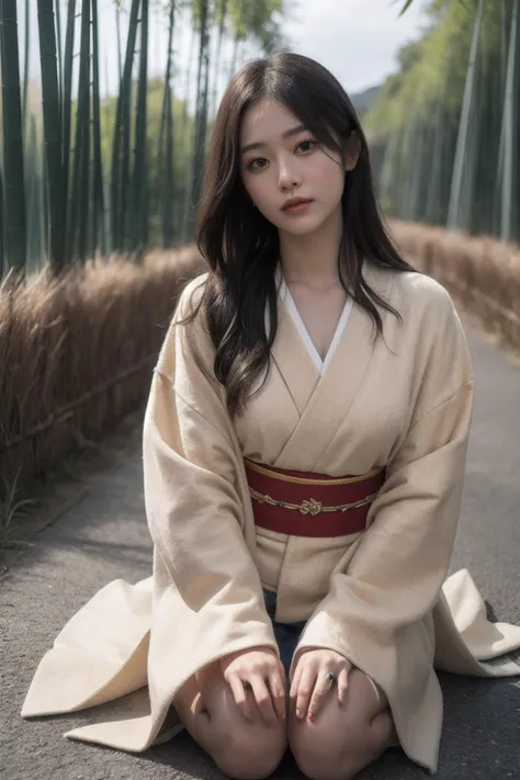 best quality,masterpiece,photorealistic,realistic,
beautiful face,beautiful eyes,
1girl,soft light,outdoors,night sky,star,bamboo forest,
long long hair,golden hair,
sit on knees,on the ground,
full body,kimono,
looking looking at viewer,