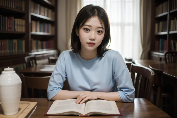 masterpiece,realistic,photographic,raw,bright light,
beautiful face,beautiful eyes,1girl,upper body,
library,shirt,
sitting,arm on table,
looking at viewer,