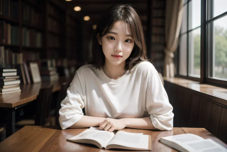 masterpiece,realistic,photographic,raw,bright light,
beautiful face,beautiful eyes,1girl,upper body,
library,shirt,
sitting,arm on table,
looking at viewer,