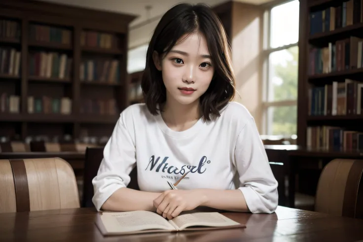 masterpiece,realistic,photographic,raw,bright light,
beautiful face,beautiful eyes,1girl,upper body,
library,shirt,
sitting,arm on table,
looking at viewer,