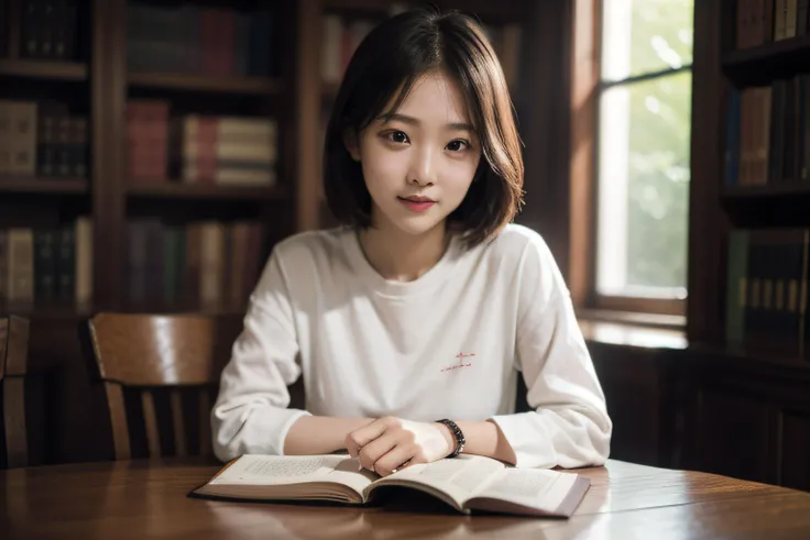 masterpiece,realistic,photographic,raw,bright light,
beautiful face,beautiful eyes,1girl,upper body,
library,shirt,
sitting,arm on table,
looking at viewer,