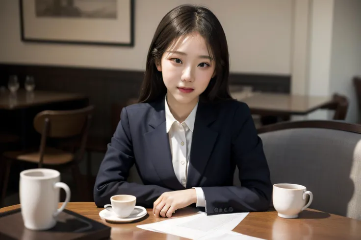 masterpiece,realistic,photographic,raw,bright light,
beautiful face,beautiful eyes,1girl,upper body,
cafe,business suit,
sitting,arm on table,
looking at viewer,