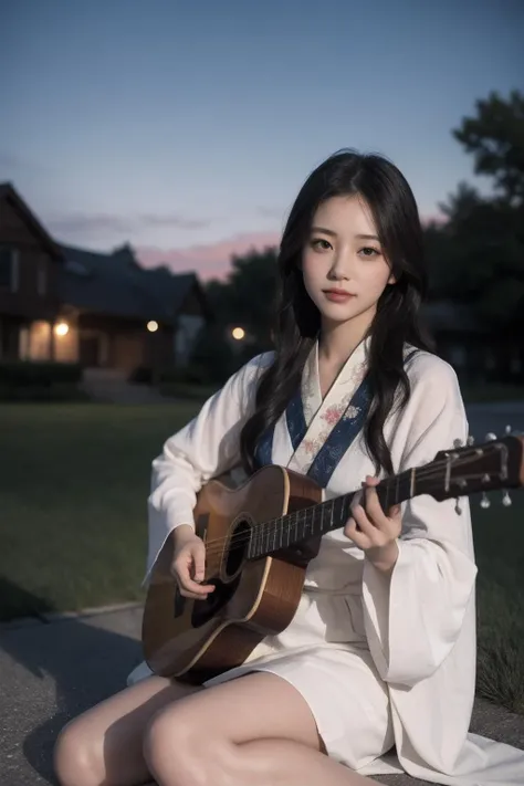 best quality,masterpiece,photorealistic,realistic,
beautiful face,beautiful eyes,
1girl,soft light,outdoors,night sky,star,
sitting on the ground,playing instrument,  
hanfu,