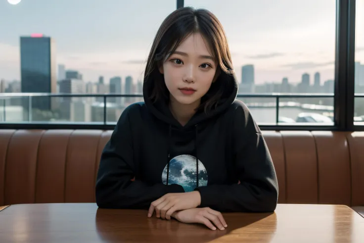 masterpiece,realistic,photographic,raw,bright light,
beautiful face,beautiful eyes,1girl,upper body,
sitting,arm on table,
moon,galaxy,cityscape,hoodie,
looking at viewer,