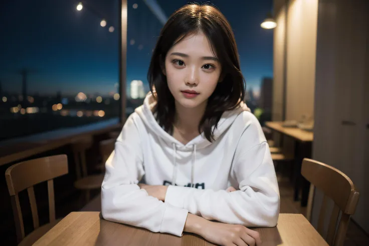 masterpiece,realistic,photographic,raw,bright light,
beautiful face,beautiful eyes,1girl,upper body,
sitting,arm on table,
moon,galaxy,cityscape,hoodie,
looking at viewer,