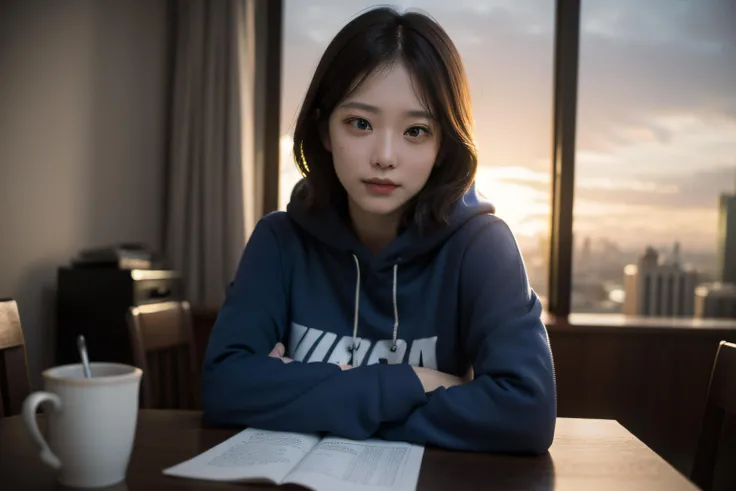 masterpiece,realistic,photographic,raw,bright light,
beautiful face,beautiful eyes,1girl,upper body,
sitting,arm on table,
moon,galaxy,cityscape,hoodie,
looking at viewer,