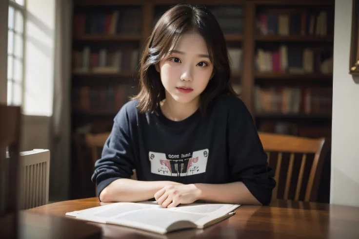 masterpiece,realistic,photographic,raw,bright light,
beautiful face,beautiful eyes,1girl,upper body,
library,shirt,
sitting,arm on table,
looking at viewer,