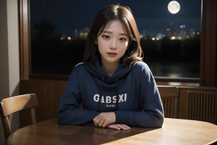 masterpiece,realistic,photographic,raw,bright light,
beautiful face,beautiful eyes,1girl,upper body,
sitting,arm on table,
moon,galaxy,cityscape,hoodie,
looking at viewer,