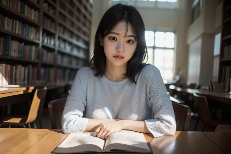 masterpiece,realistic,photographic,raw,bright light,
beautiful face,beautiful eyes,1girl,upper body,
library,shirt,
sitting,arm on table,
looking at viewer,