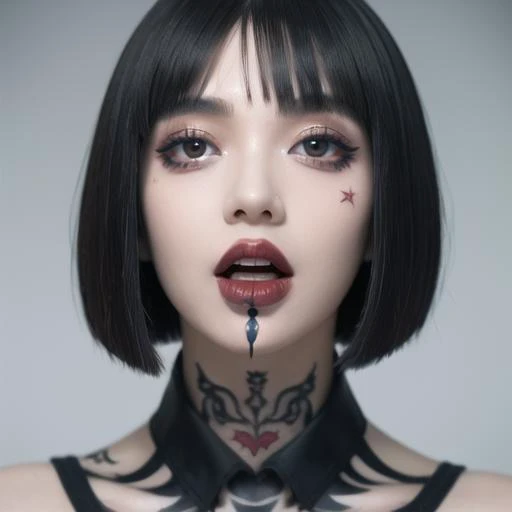 1 girl, face close-up, large painted eyes, tattoo on face, running makeup, bob cut, tongue stuck out, <lora:Cumontongue:1>