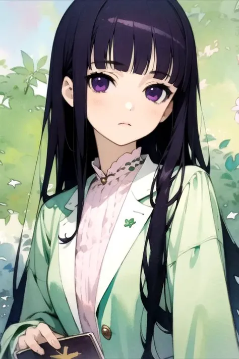 masterpiece, best quality, illustration, 1girl, solo, looking at viewer, , , (watercolor illustration, soft pastel colors:1.1), realistic, <lora:ririchiyo_shirakiin:0.74>, ririchiyo_shirakiin, black hair, purple eyes, long hair, leprechaun costume, fantasy, HD-DVD
