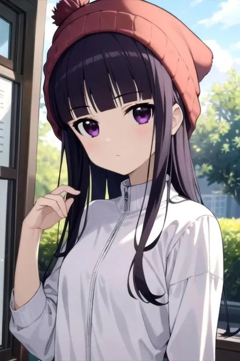 masterpiece, best quality, wallpaper, 1girl, solo, looking at viewer, upper body, depth of field, , , <lora:ririchiyo_shirakiin:0.66>, ririchiyo_shirakiin, black hair, purple eyes, , , bobble hat, sci-fi, 8k resolution