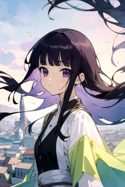 masterpiece, best quality, game cg, 1girl, solo, looking at viewer, upper body, , (watercolor illustration, soft pastel colors:1.1), , <lora:ririchiyo_shirakiin:0.66>, ririchiyo_shirakiin, black hair, purple eyes, long hair, peasant costume, floating city,