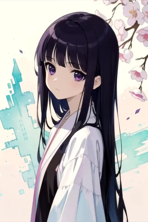 masterpiece, best quality, , 1girl, solo, looking at viewer, upper body, , (watercolor illustration, soft pastel colors:1.1), , <lora:ririchiyo_shirakiin:0.70>, ririchiyo_shirakiin, black hair, purple eyes, long hair, convict costume, ,