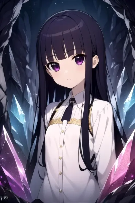 masterpiece, best quality, , 1girl, solo, looking at viewer, upper body, depth of field, anime coloring, , <lora:ririchiyo_shirakiin:0.68>, ririchiyo_shirakiin, black hair, purple eyes, , , , The Crystal Cave: A fantastical place where gemstones and crystals grow in abundance,