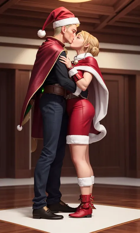 mtk2023, spawn2023, spike armor, gauntlets, collar, 2 people kiss under mistletoe, mistletoe hanging from ceiling, glowing green eyes, 8k, uhd, best best quality, trending on arstation, photorealistic, masterpiece, raw image, skin pores, detailed skin, festive, 5 fingers, wide angle shot, full body, Santa hats, sci-fi, muscular, cape