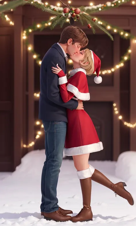 mtk2023, 2 people kissing under mistletoe, mistletoe hanging from cieling, 8k, uhd, best best quality, trending on arstation, photorealistic, masterpiece, raw image, skin pores, detailed skin, festive, santa kissing a girl, 5 fingers, wide angle shot, full body, pixar style, cute,