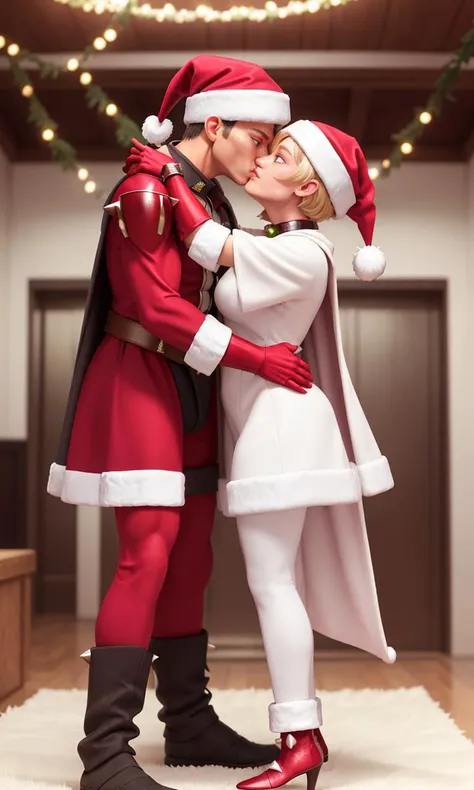 mtk2023, spawn2023, spike armor, gauntlets, collar, 2 people kiss under mistletoe, mistletoe hanging from ceiling, glowing green eyes, 8k, uhd, best best quality, trending on arstation, photorealistic, masterpiece, raw image, skin pores, detailed skin, festive, 5 fingers, wide angle shot, full body, Santa hats, sci-fi, muscular, cape