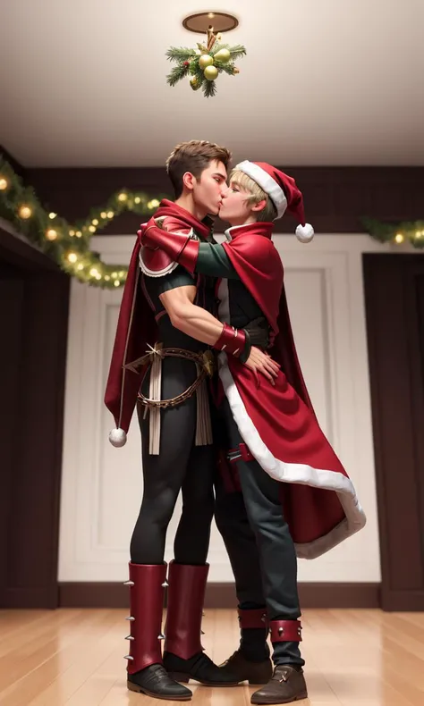mtk2023, spawn2023, spike armor, gauntlets, collar, 2 people kiss under mistletoe, mistletoe hanging from ceiling, glowing green eyes, 8k, uhd, best best quality, trending on arstation, photorealistic, masterpiece, raw image, skin pores, detailed skin, festive, 5 fingers, wide angle shot, full body, Santa hats, sci-fi, muscular, cape