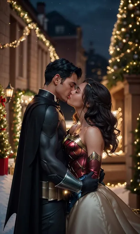 mtk2023, 2 people kissing under mistletoe, 8k, uhd, best best quality, trending on arstation, photorealistic, masterpiece, raw image, skin pores, detailed skin, festive, batman kissing wonder woman,