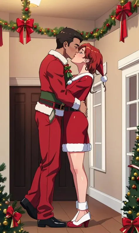mtk2023, 2 people kissing under mistletoe, mistletoe hanging from cieling, 8k, uhd, best best quality, trending on arstation, photorealistic, masterpiece, raw image, skin pores, detailed skin, festive, santa kissing a girl, 5 fingers, wide angle shot, full body