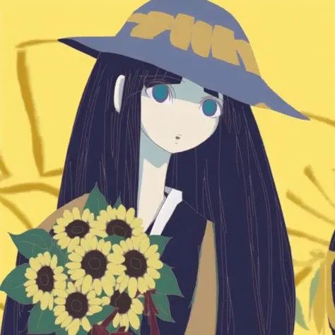 <lora:naniyattemoumakuikanai:1>,
asmiyoukai,
1girl, bare arms, blue ribbon, bouquet, bow, collarbone, dress, flower, grey dress, hat, hat bow, holding, holding bouquet, long dress, long hair, looking at viewer, purple bow, purple hair, ribbon, sleeveless, sleeveless dress, solo, standing, straight hair, straw hat, sun hat, sundress, sunflower, very long hair, yellow eyes, yellow flower, yellow headwear