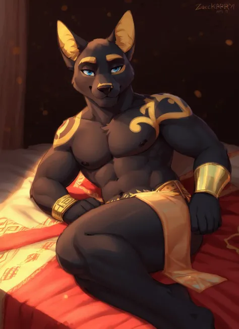 <lora:neferu-05:0.8>, neferu, solo, neferu, solo, looking at viewer, 1boy, navel, nipples, male focus, thighs, stomach, thick thighs, chest tattoo, (soft shading), 4k, hi res, detailed face, detailed eyes, detailed, (full body),by zackarry911, by zaush, (by personalami:0.5), zootopia style, loincloth, pose, blue eyes, lying, on side
