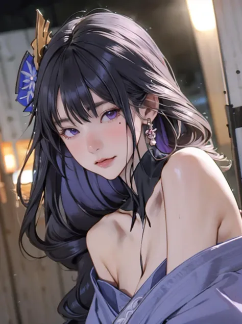 fantasy anime, , depth of field, Masterpiece, intricate, hyper detailed, , bokeh, high resolution, sharp detail, best quality, depth of field,
1girl, black hair, (red:0.82) colored inner hair red, looking at viewer,
hair ornament, , dynamic pose, earrings, , neon in station, night, , (from front:1.3),
<lora:FilmVelvia3:0.1> <lora:picxer_real:0.2> <lora:haveToPeePose:0.8>
 <lora:raiden:0.8> raiden shogun,,, purple hair, long hair,braid,hair ornament,purple eyes,mole,