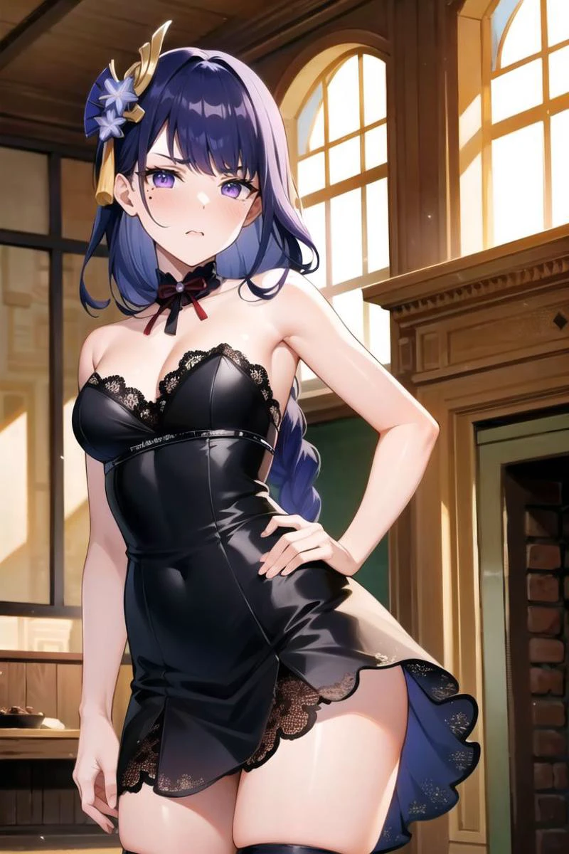 masterpiece, best quality, cowboy shot, 1girl, medium breasts, standing, hands on waist,
<lora:edgStraplessGlamourv1:0.75>, edgstrldress, strapless dress, black split dress with black lace trim, black stockings, black lace neck strap,
<lora:raiden:0.6> raiden shogun, purple hair, long hair, braid, hair ornament, purple eyes, mole, looking at viewer, blush, angry,
window, fireplace, in the living room,
